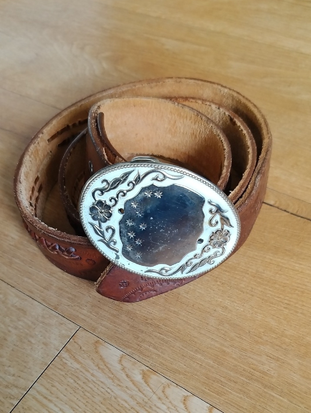 Vintage Brown Leather Belt with Silver Floral Western Buckle
